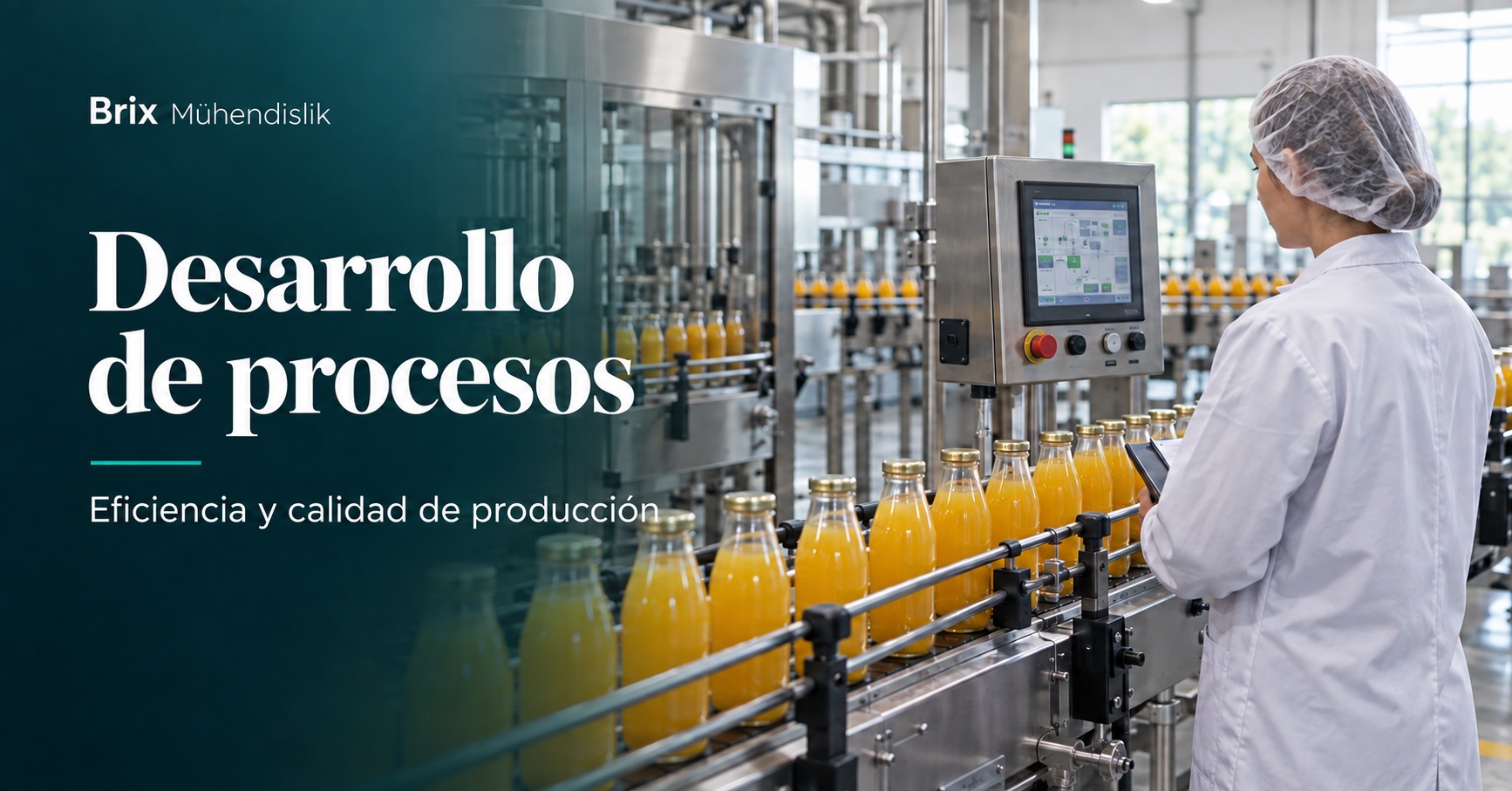 Ingeniera alimentaria supervisando una línea de embotellado de zumos; imagen ilustrativa generada con IA.