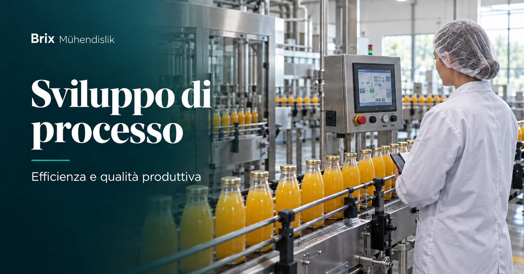 Ingegnera alimentare che controlla una linea di imbottigliamento di succhi; immagine illustrativa generata con IA.