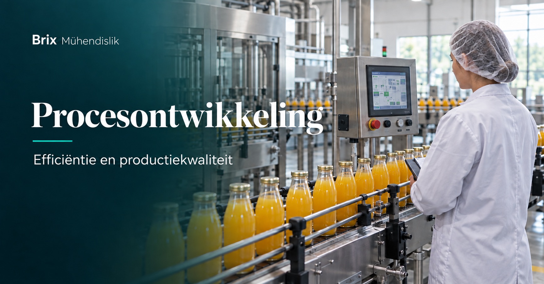 Voedingsingenieur controleert een sapbottellijn; illustratieve afbeelding gegenereerd met AI.