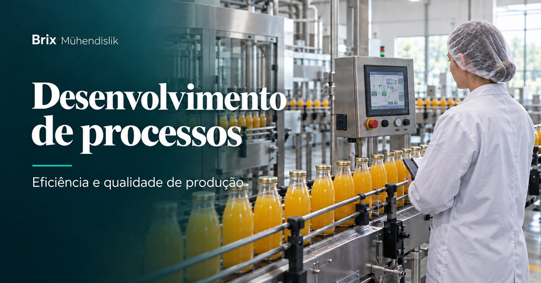 Engenheira alimentar a monitorizar uma linha de engarrafamento de sumos; imagem ilustrativa gerada por IA.