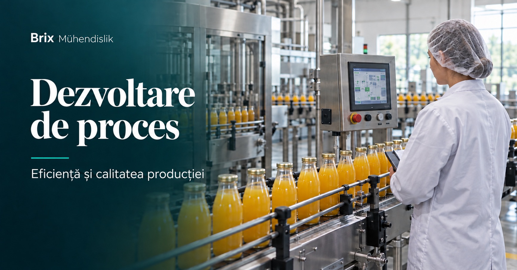 Ingineră alimentară monitorizând o linie de îmbuteliere a sucului; imagine ilustrativă generată cu IA.