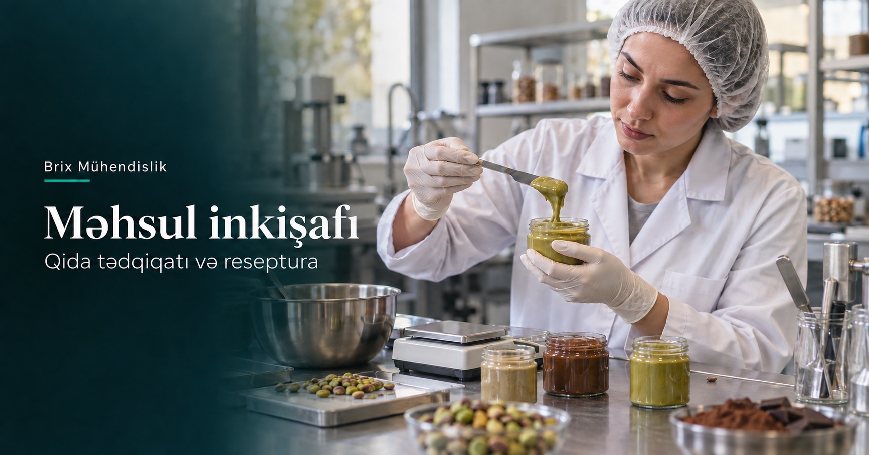 Laboratoriyada püstə kremi nümunəsini yoxlayan qida mühəndisi; süni intellektlə yaradılmış təmsili təsvir.