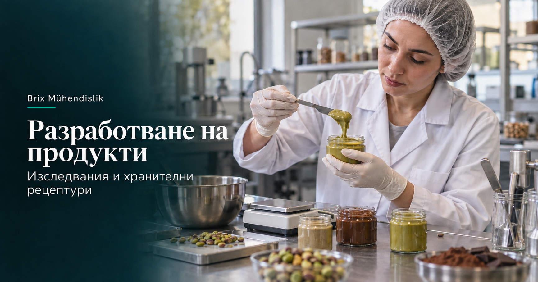 Хранителен технолог изследва крем от шамфъстък в лаборатория; илюстрация, генерирана с изкуствен интелект.