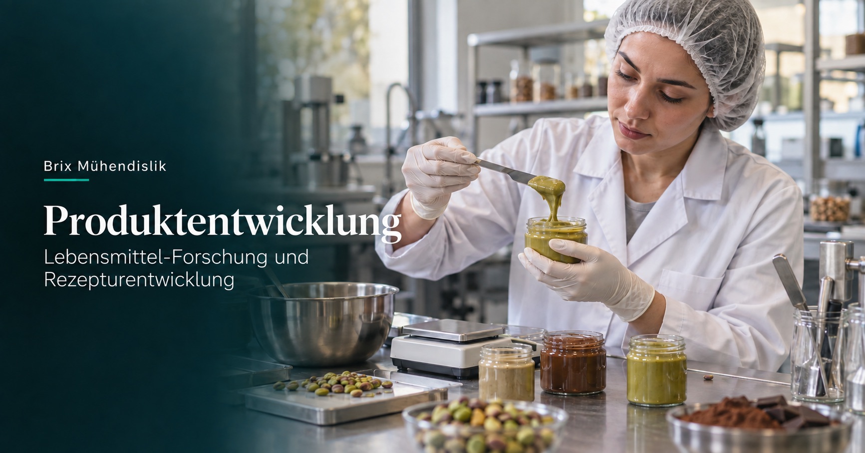 Lebensmittelingenieurin prüft Pistaziencreme im Forschungslabor; KI-generierte symbolische Darstellung.