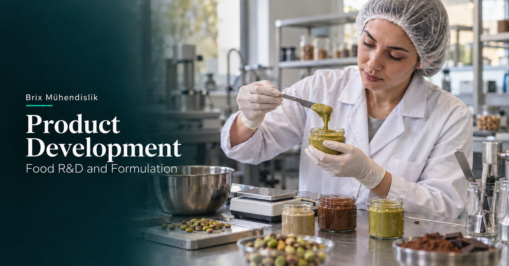 Food engineer examining a pistachio cream sample in a food research laboratory; AI-generated representative image.