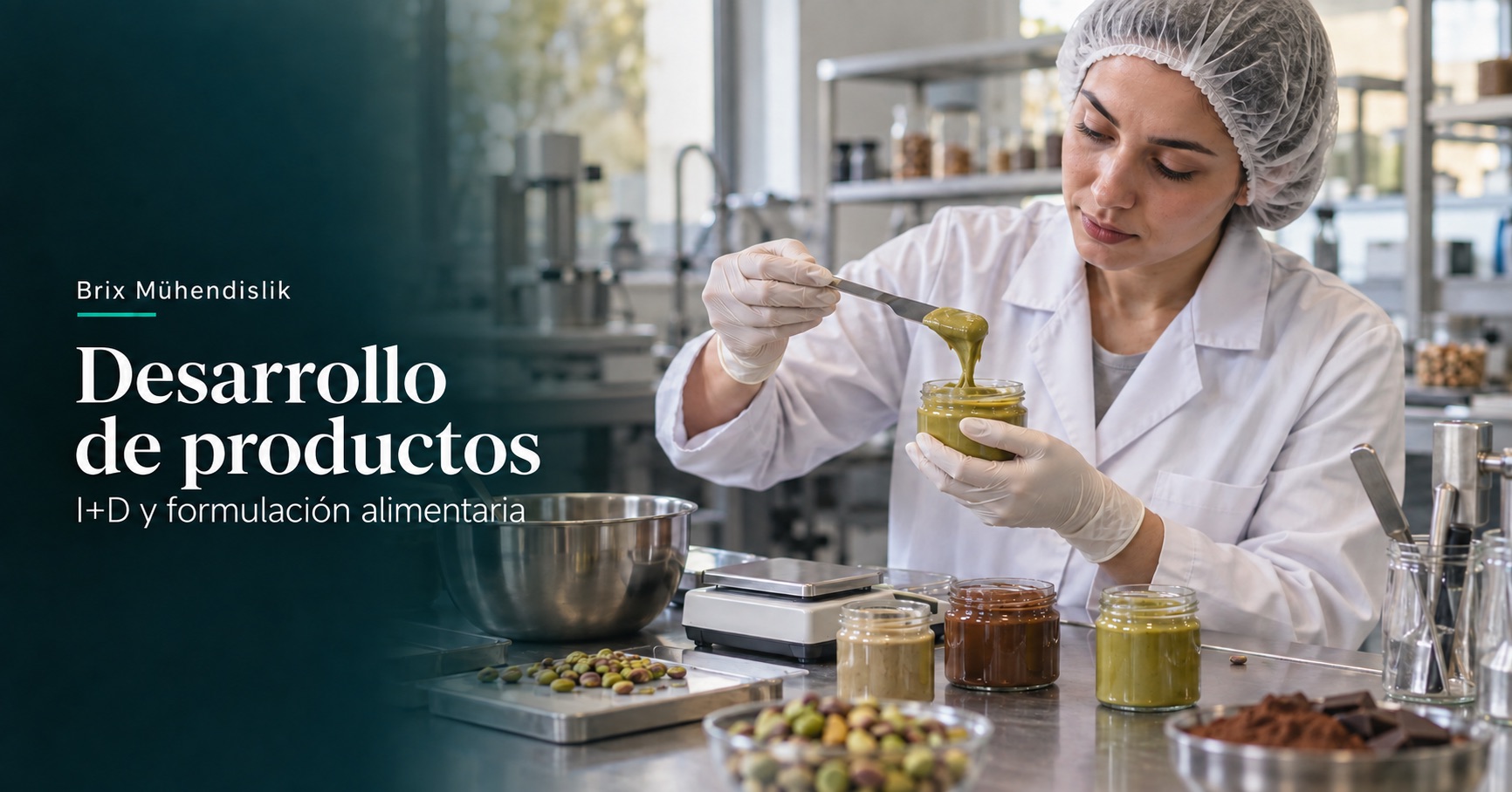 Ingeniera alimentaria examina una crema de pistacho en el laboratorio; imagen representativa generada con IA.