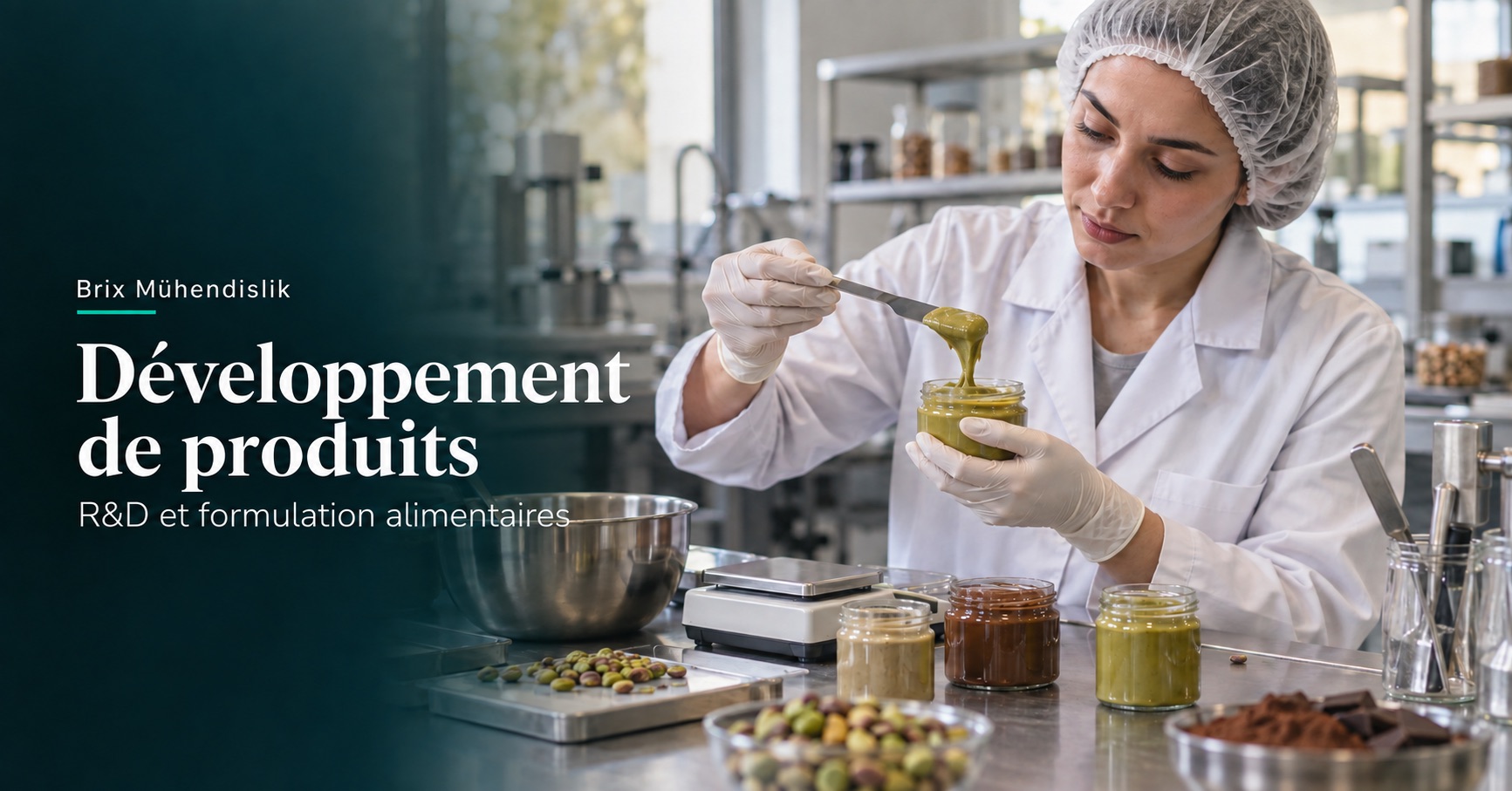 Ingénieure examinant une crème de pistache dans un laboratoire alimentaire ; illustration représentative générée par IA.
