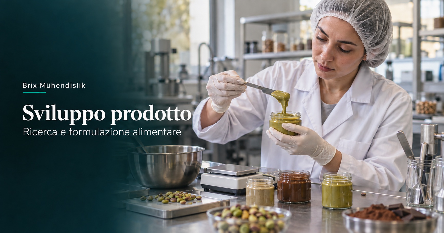 Ingegnera alimentare esamina una crema di pistacchio in laboratorio; immagine rappresentativa generata con IA.
