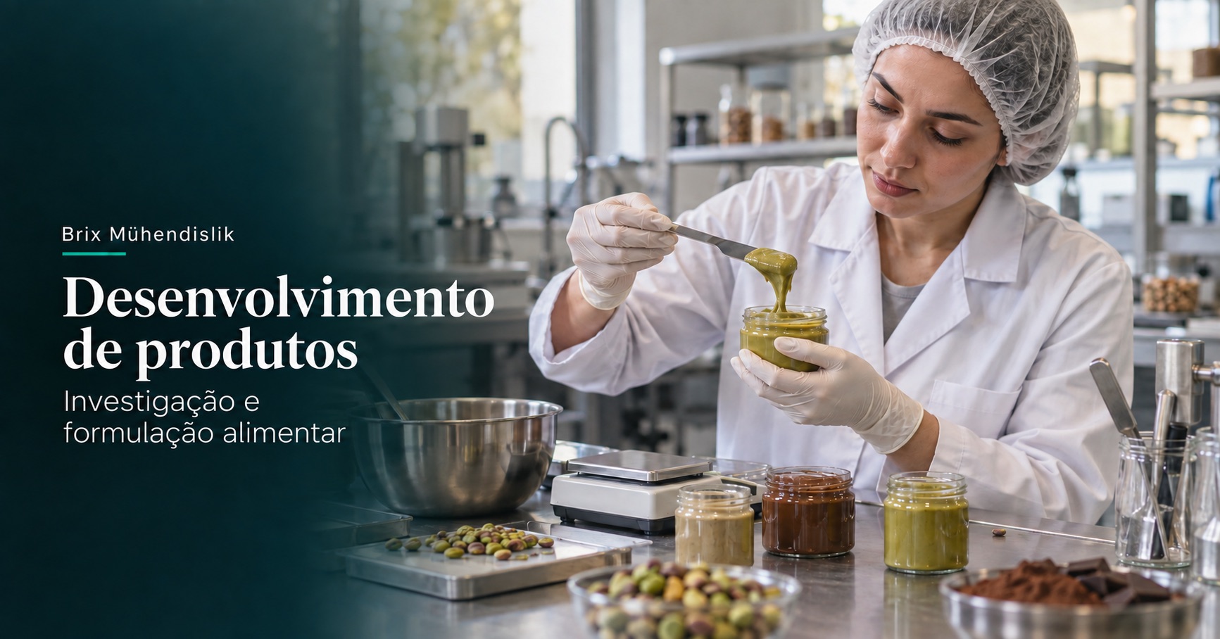 Engenheira alimentar examina creme de pistácio no laboratório; imagem representativa gerada por IA.