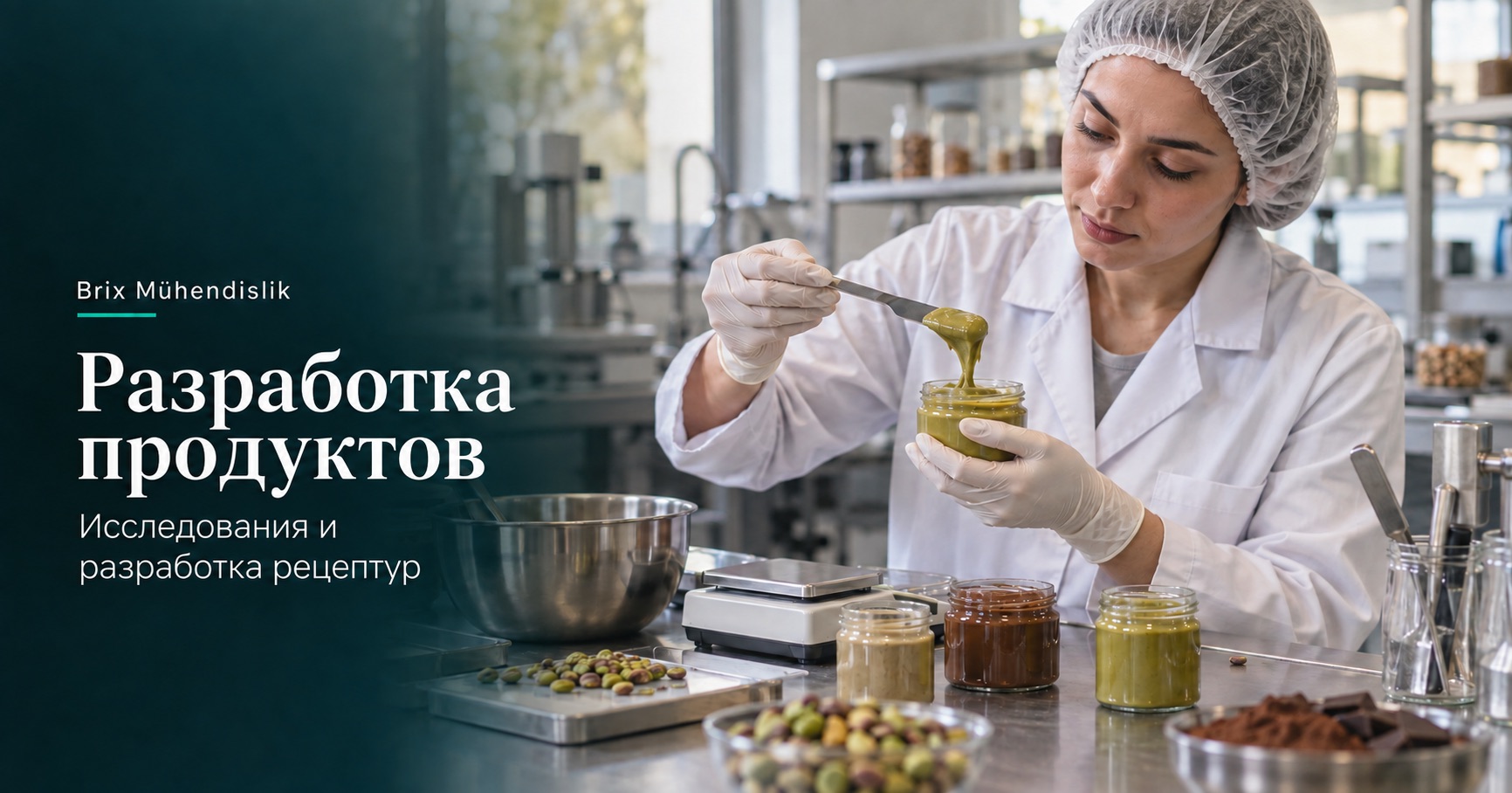 Пищевой технолог проверяет образец фисташкового крема в лаборатории; иллюстрация создана с помощью ИИ.