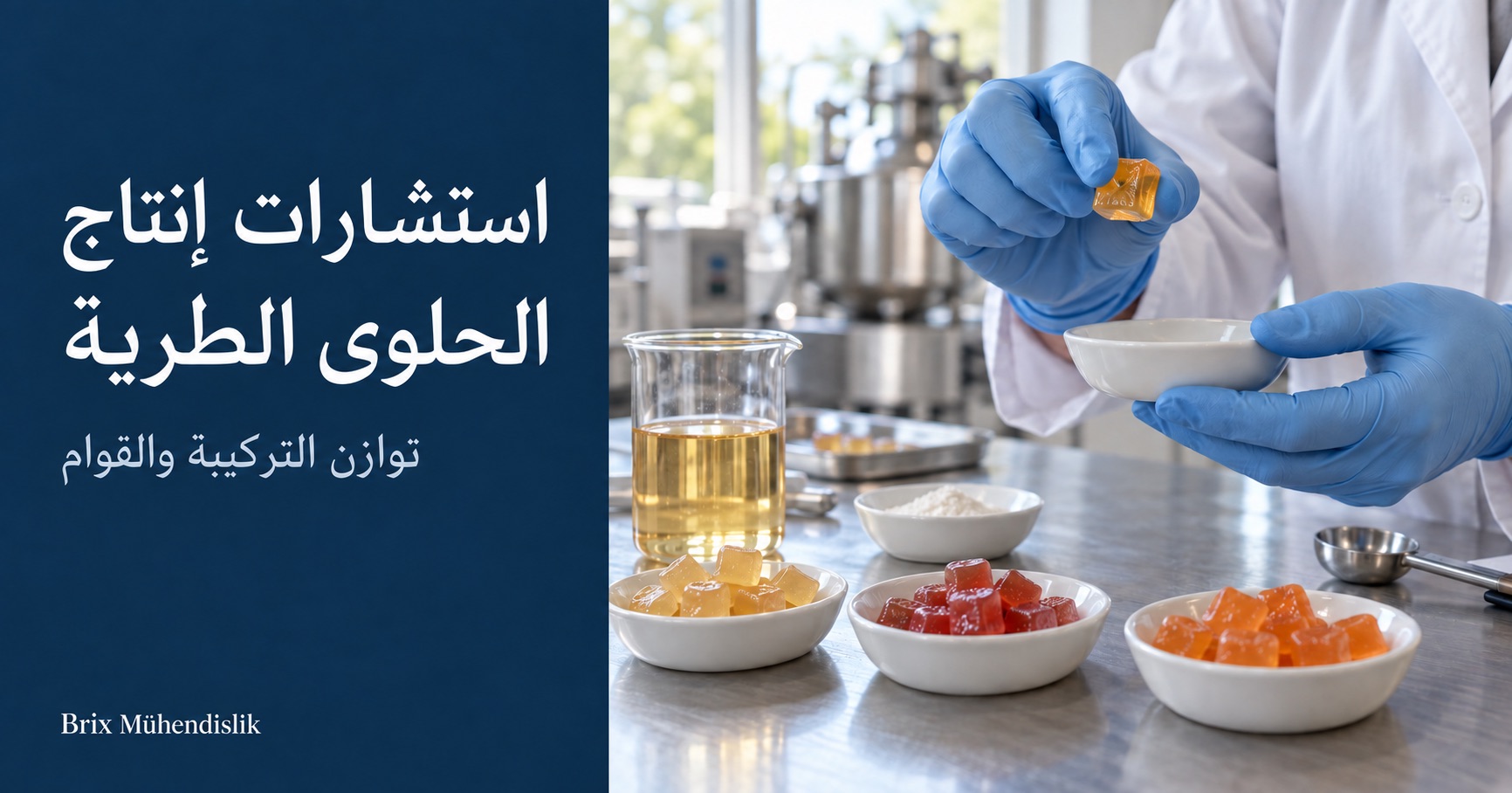 مختص يقيّم قوام مكعب حلوى طرية بلون الكهرمان بجانب عينات حلوى ملونة في المختبر.