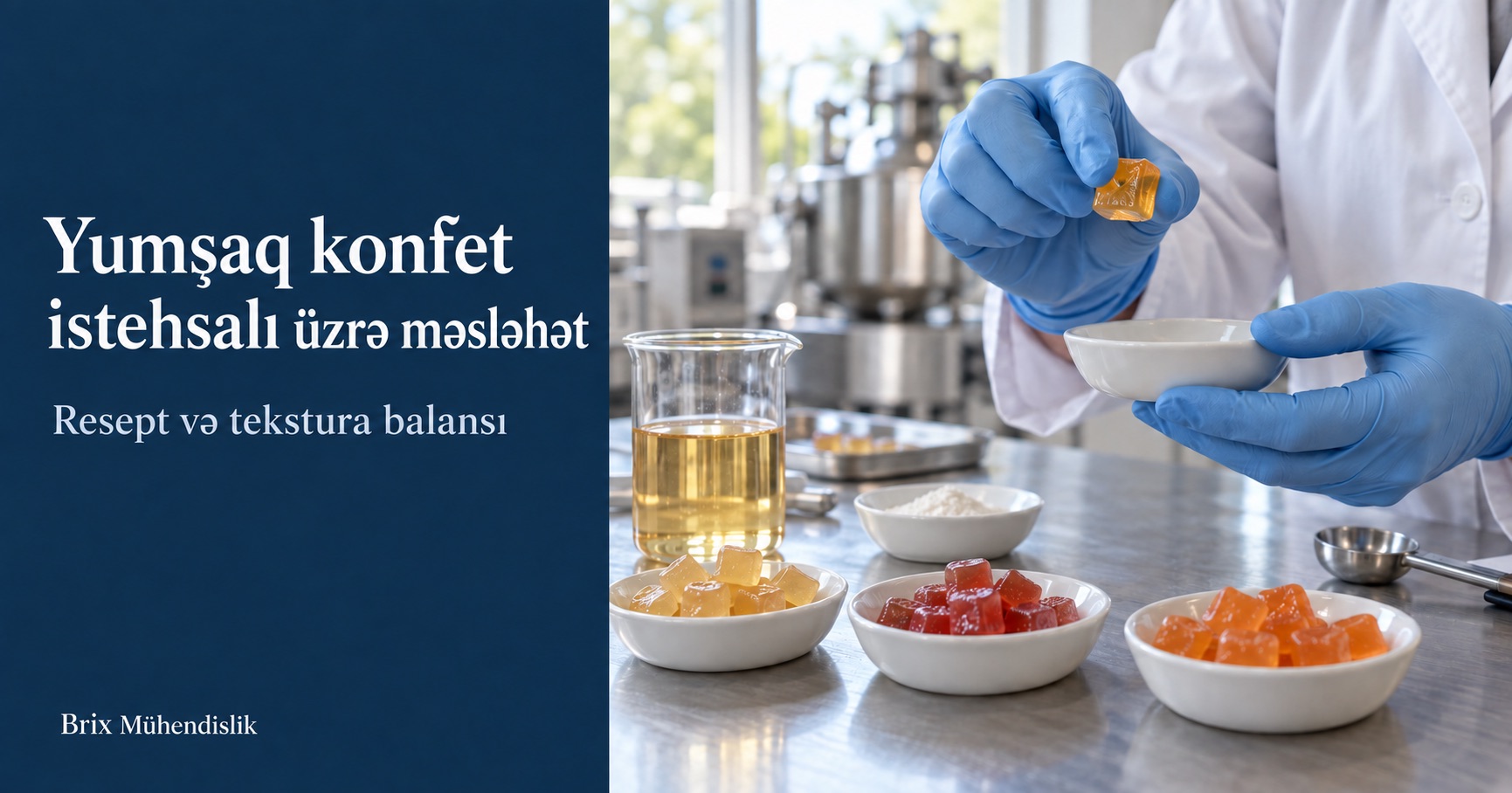 Laboratoriyada kəhrəba rəngli yumşaq konfet kubunun teksturasını qiymətləndirən mütəxəssis və rəngli konfet nümunələri.