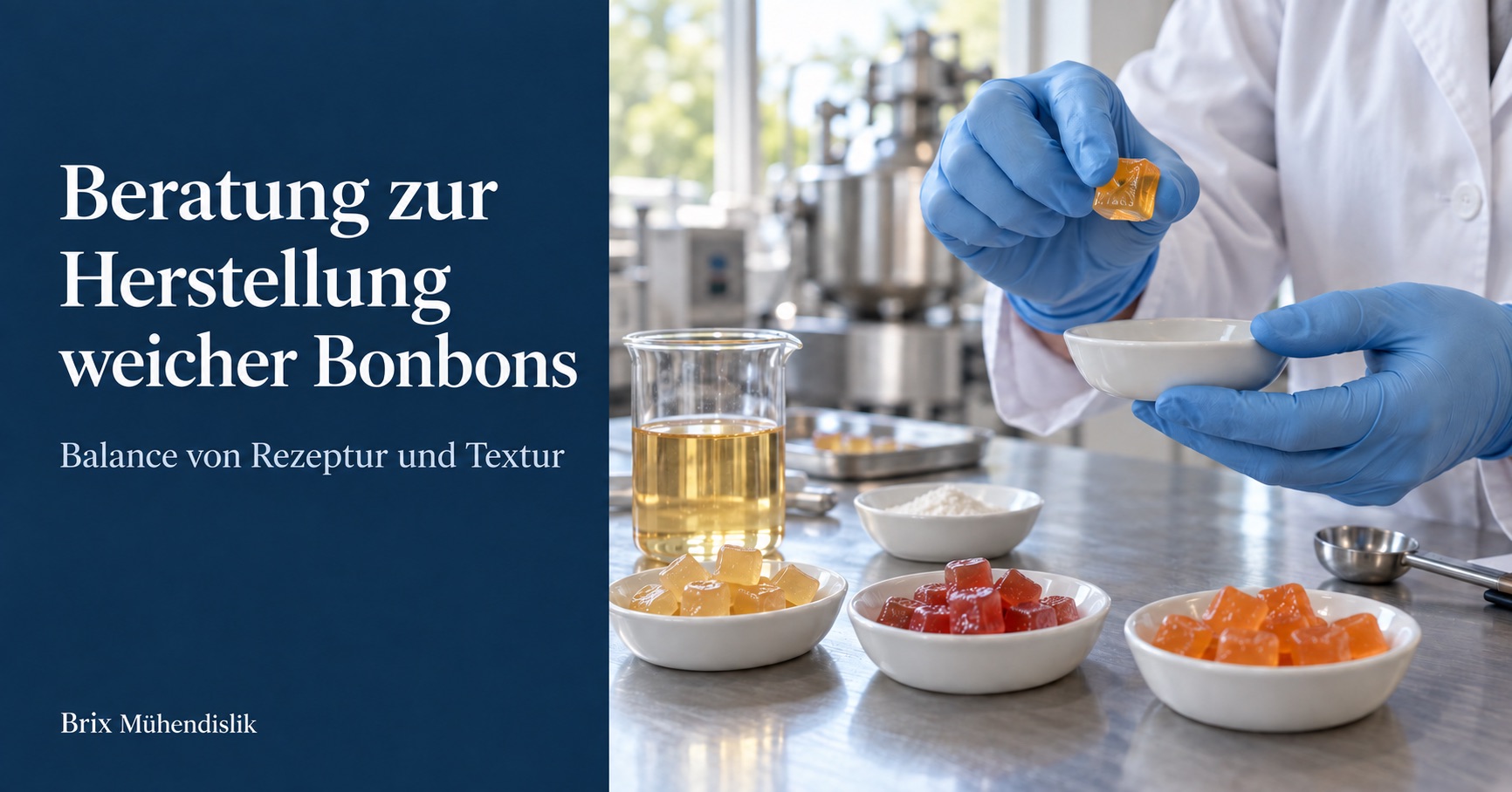 Fachkraft prüft die Textur eines bernsteinfarbenen weichen Bonbonwürfels neben bunten Proben im Labor.