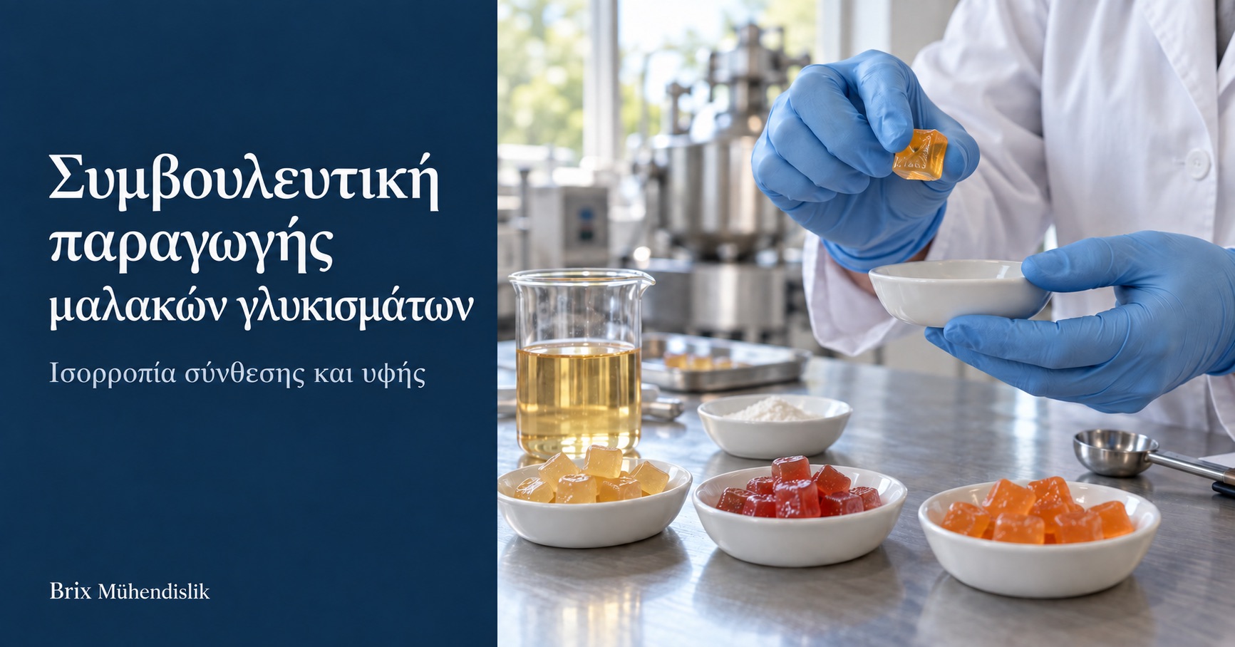 Ειδικός αξιολογεί την υφή ενός κεχριμπαρένιου κύβου μαλακού γλυκίσματος δίπλα σε πολύχρωμα δείγματα στο εργαστήριο.
