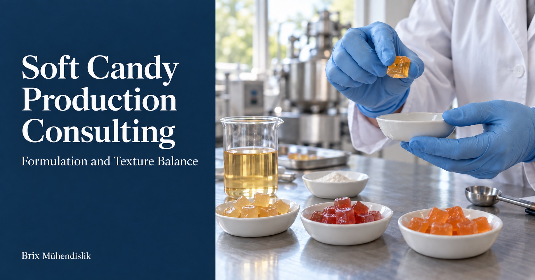 Specialist assessing the texture of an amber soft candy cube beside colorful candy samples in a laboratory.