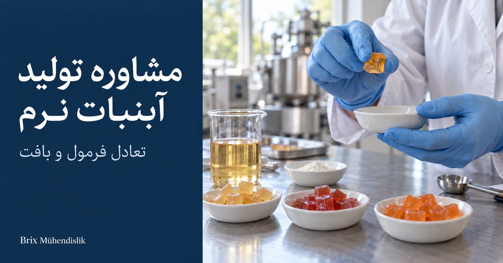 متخصص در حال ارزیابی بافت یک مکعب آبنبات نرم کهربایی در کنار نمونه‌های رنگی آبنبات در آزمایشگاه.