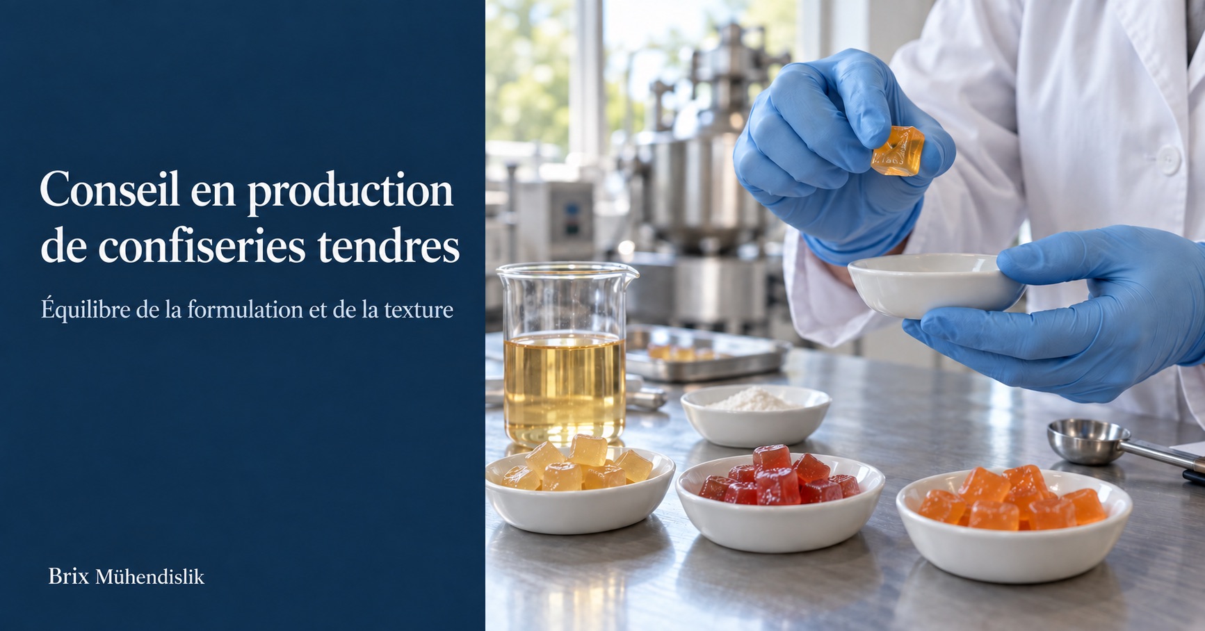 Spécialiste évaluant la texture d’un cube de confiserie tendre ambrée auprès d’échantillons colorés en laboratoire.
