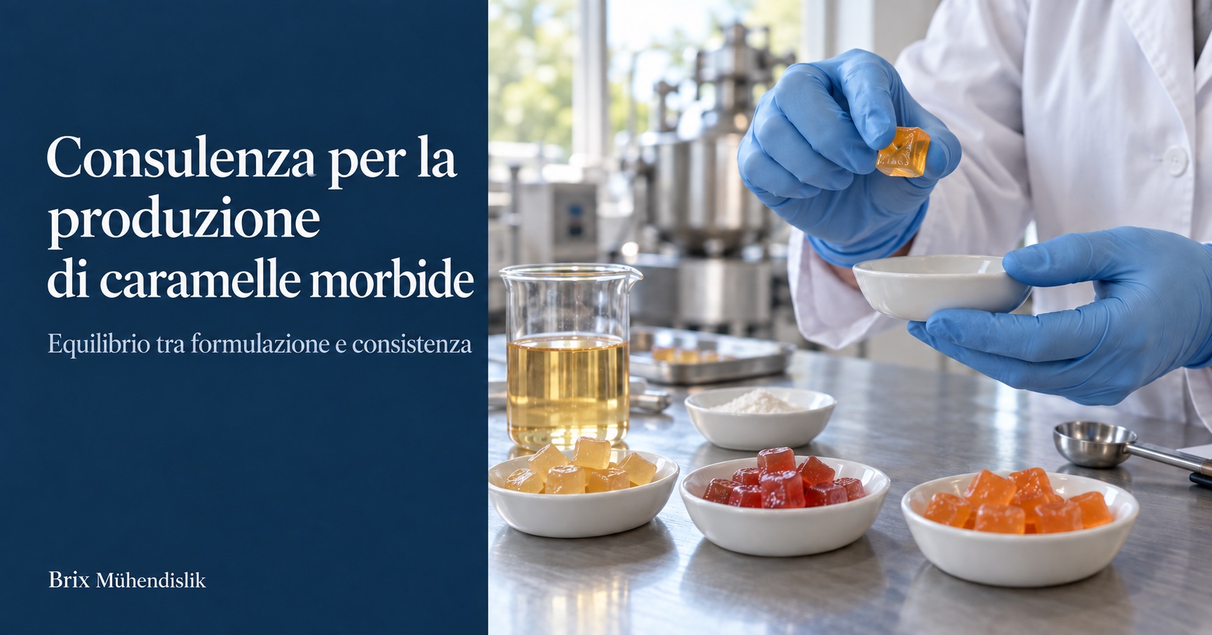 Specialista valuta la consistenza di un cubetto di caramella morbida ambrata accanto a campioni colorati in laboratorio.