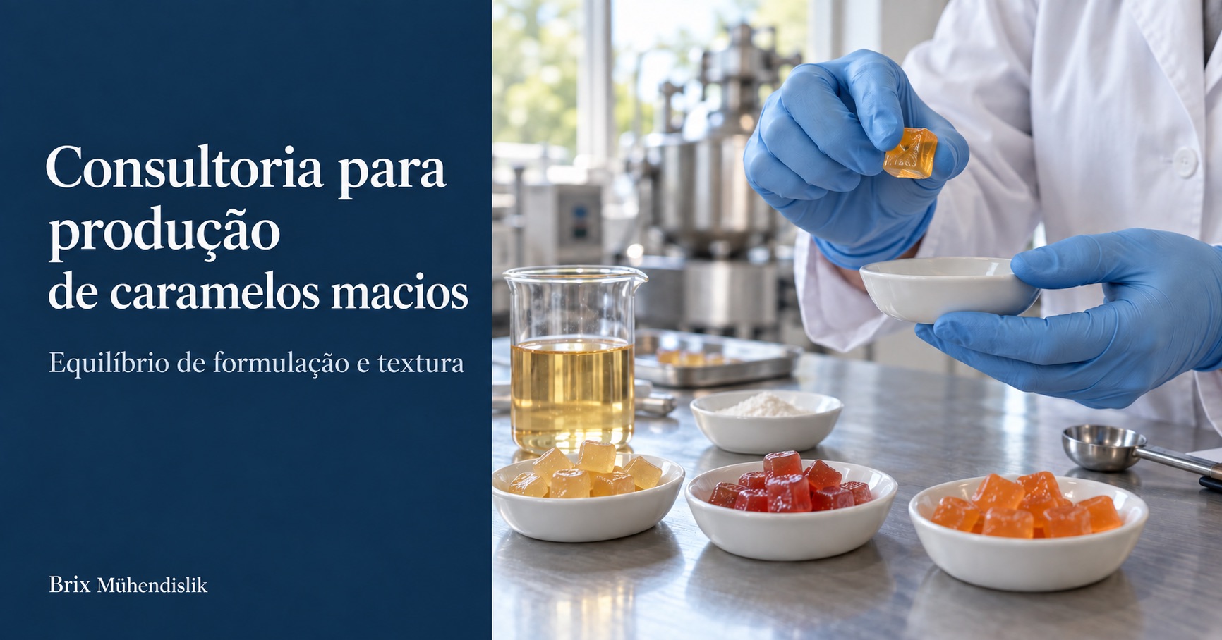 Especialista avalia a textura de um cubo de caramelo macio âmbar junto a amostras coloridas no laboratório.