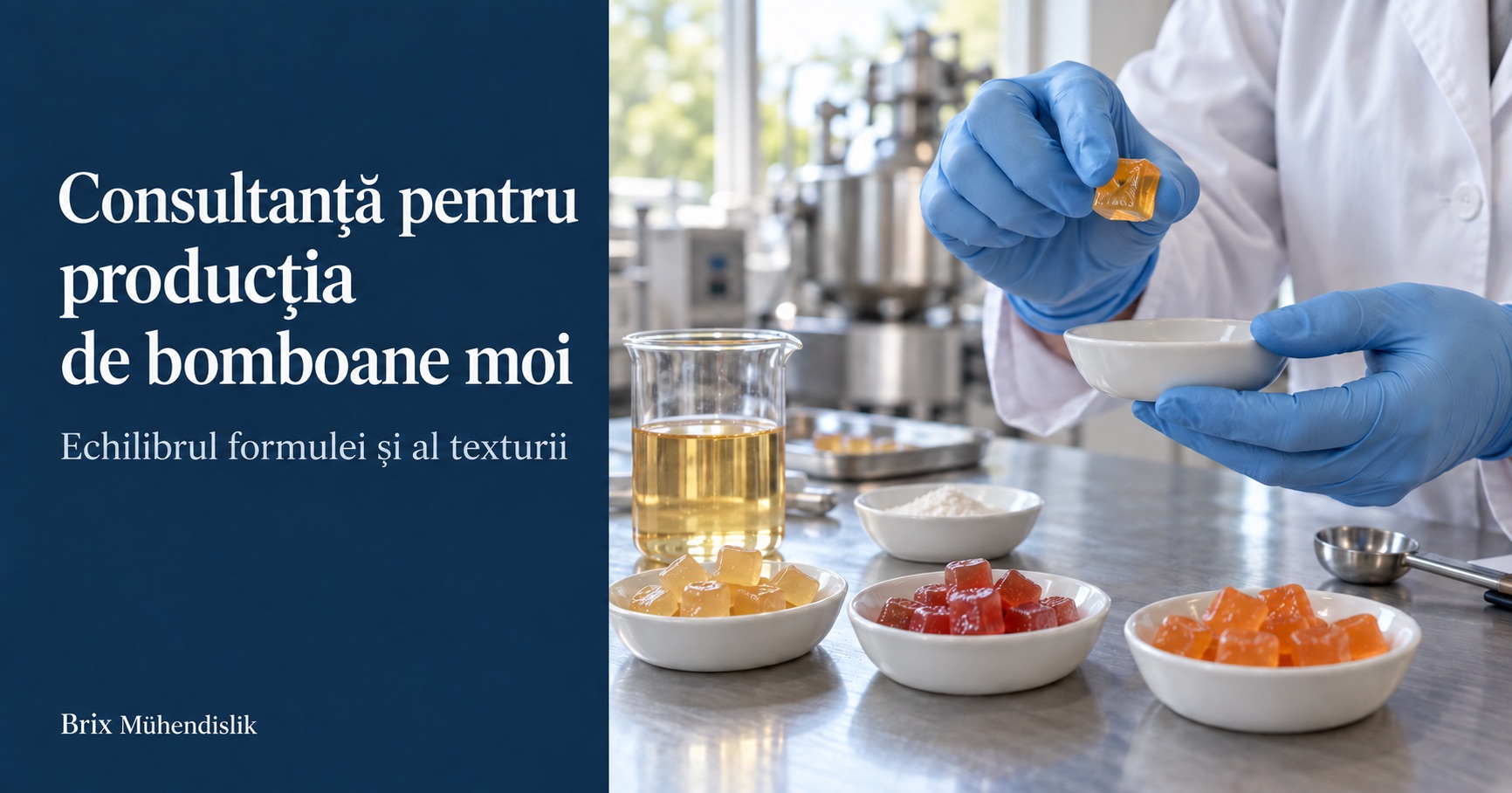 Specialist evaluează textura unui cub de bomboană moale de culoarea chihlimbarului lângă probe colorate în laborator.