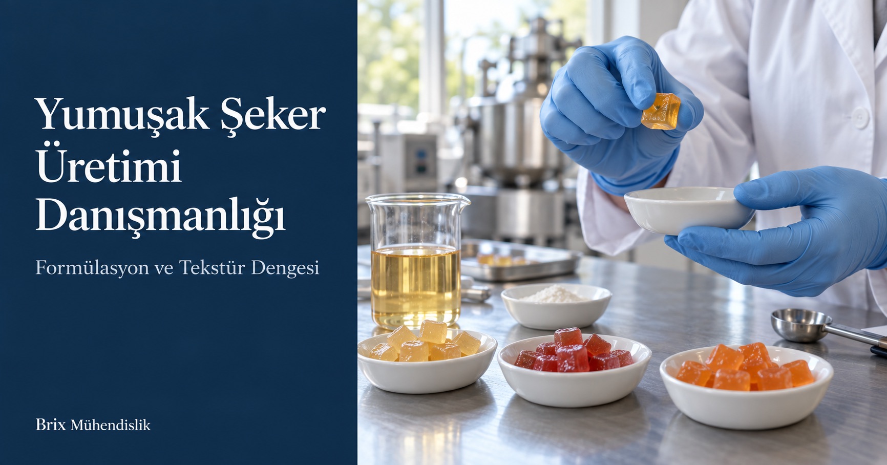 Laboratuvarda kehribar renkli yumuşak şeker küpünün dokusunu değerlendiren uzman ve renkli şeker örnekleri.
