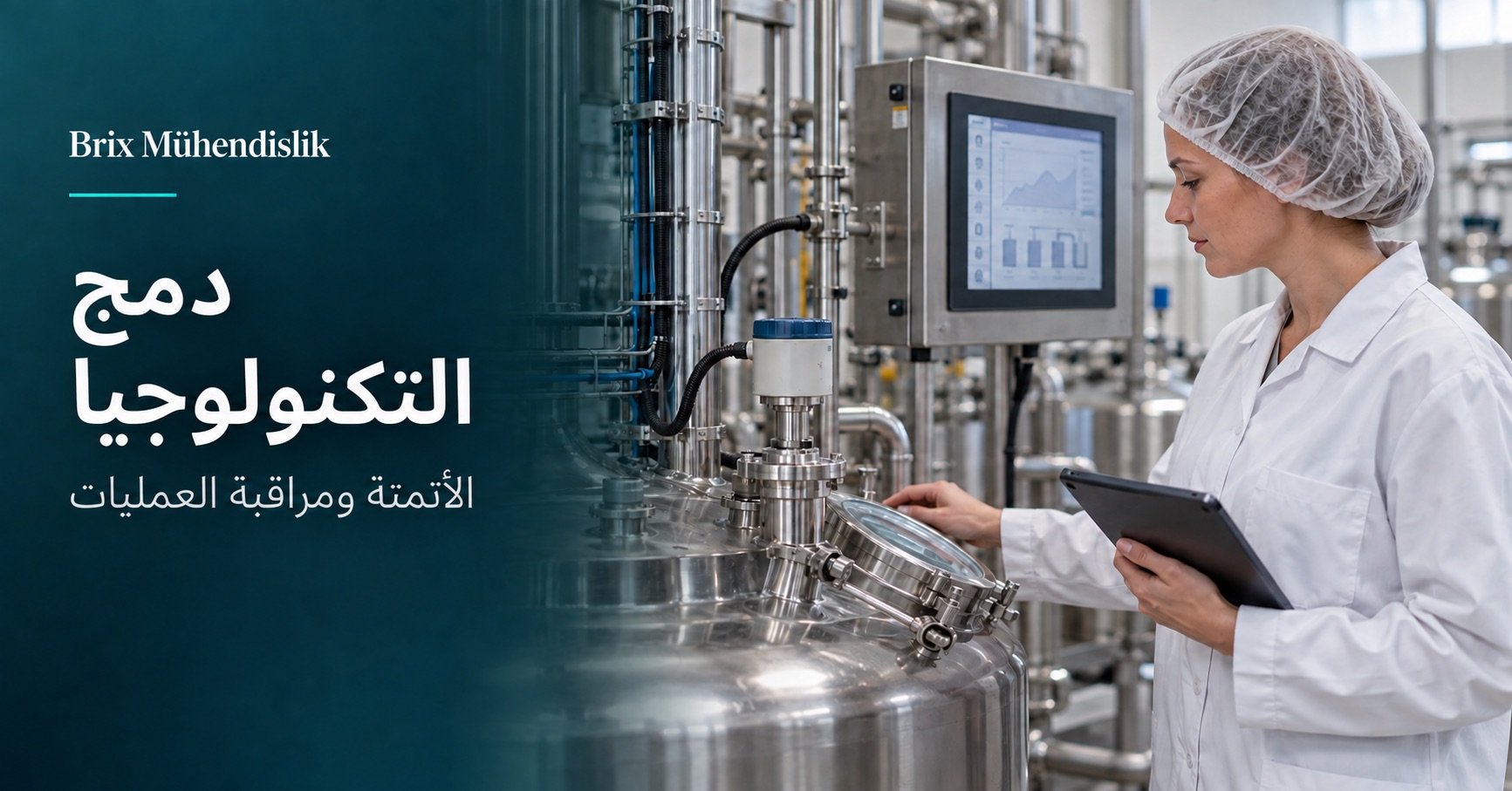 مهندسة أغذية تراقب مستشعر العملية ولوحة التحكم؛ صورة توضيحية مولدة بالذكاء الاصطناعي.