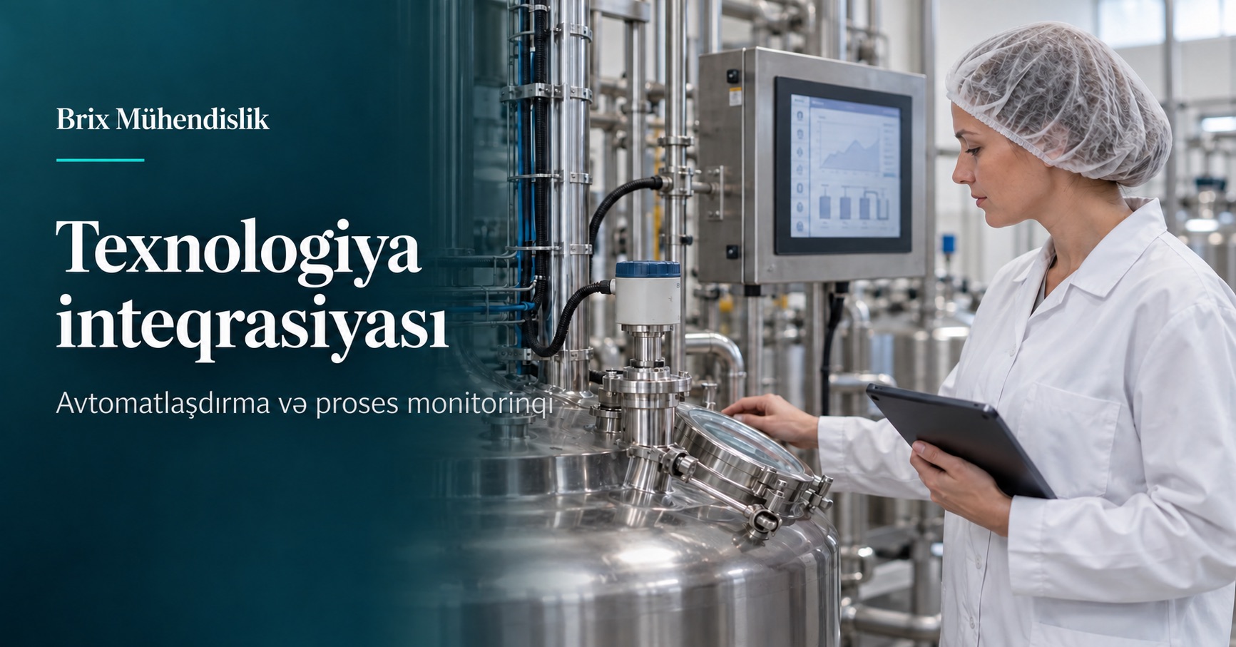Proses sensorunu və idarəetmə panelini izləyən qida mühəndisi; süni intellektlə yaradılmış təmsili təsvir.