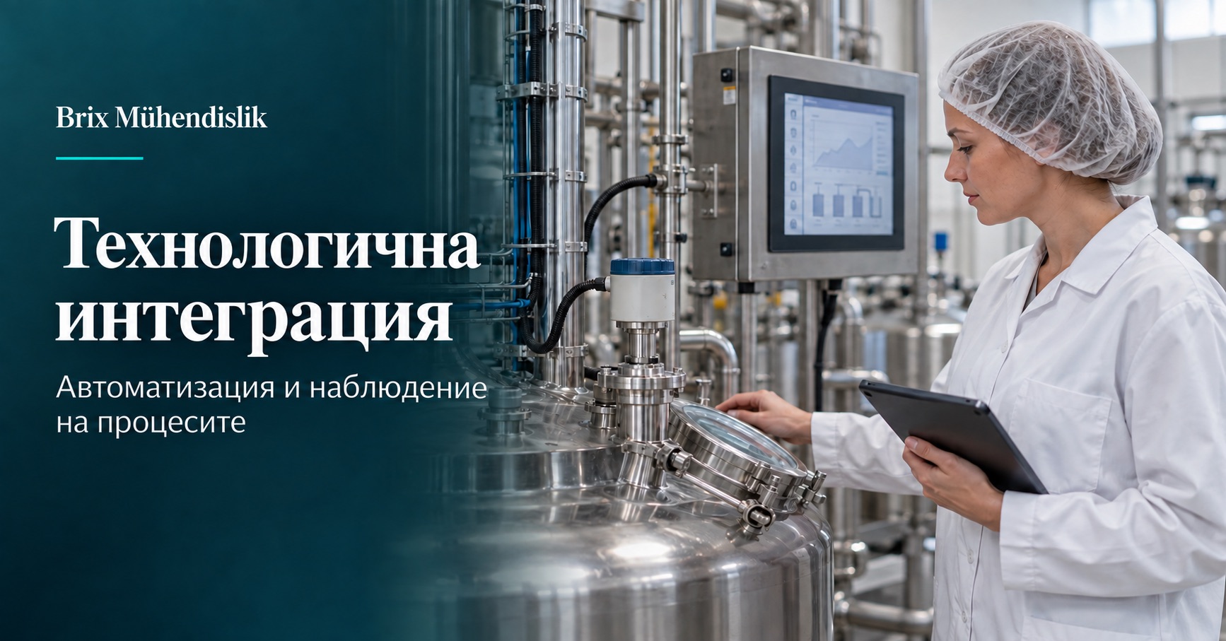 Хранителен инженер наблюдава процесен сензор и контролен панел; илюстративно изображение, създадено с изкуствен интелект.