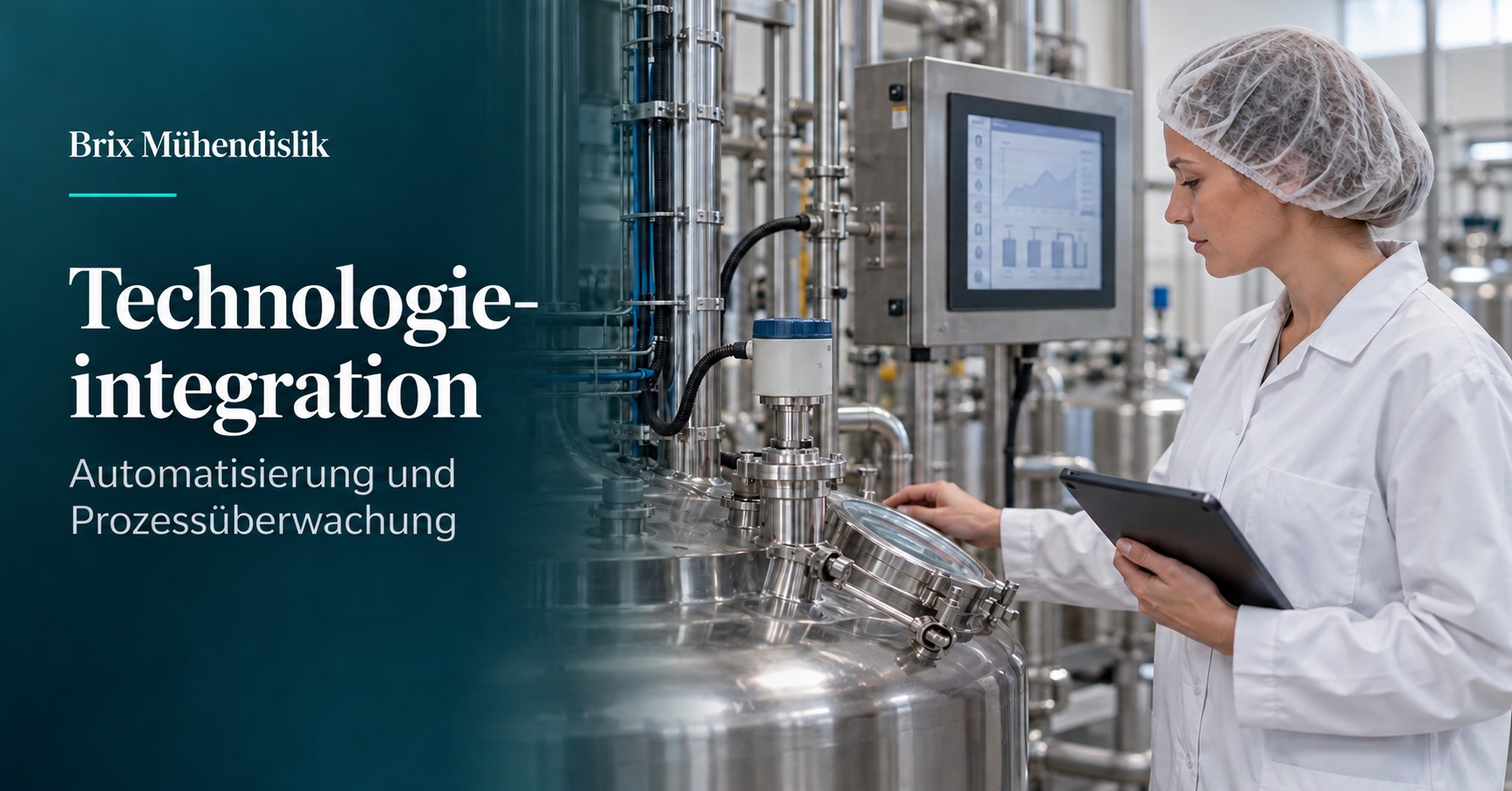 Lebensmittelingenieurin überwacht einen Prozesssensor und ein Bedienfeld; KI-generiertes Symbolbild.