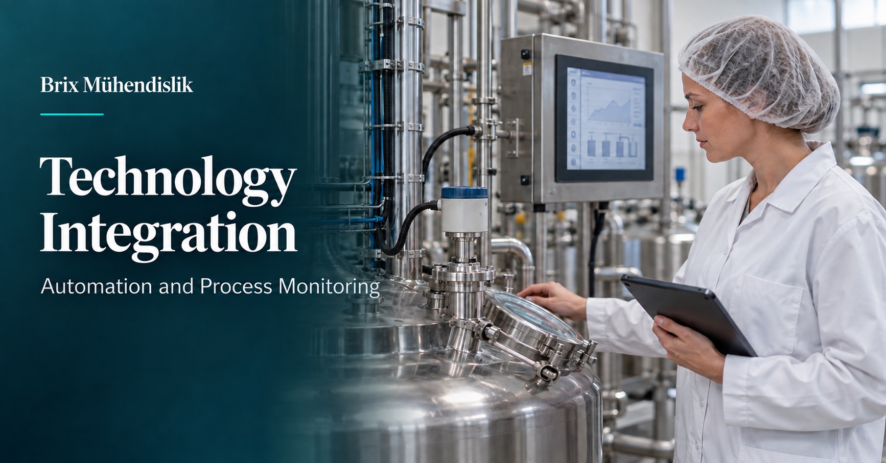 Food engineer monitoring a process sensor and control panel; AI-generated representative image.