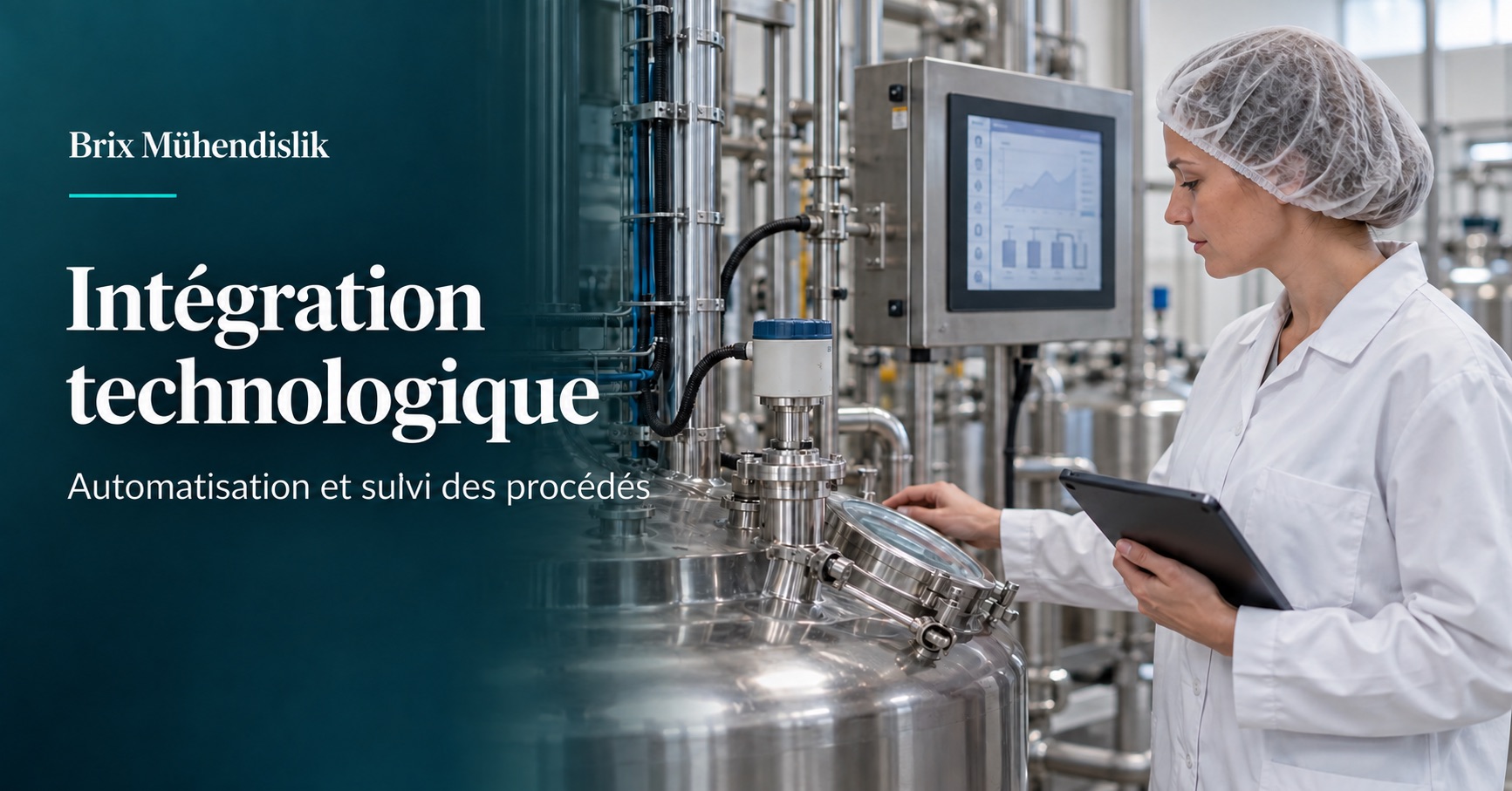 Ingénieure agroalimentaire surveillant un capteur de procédé et un panneau de commande ; image illustrative générée par IA.