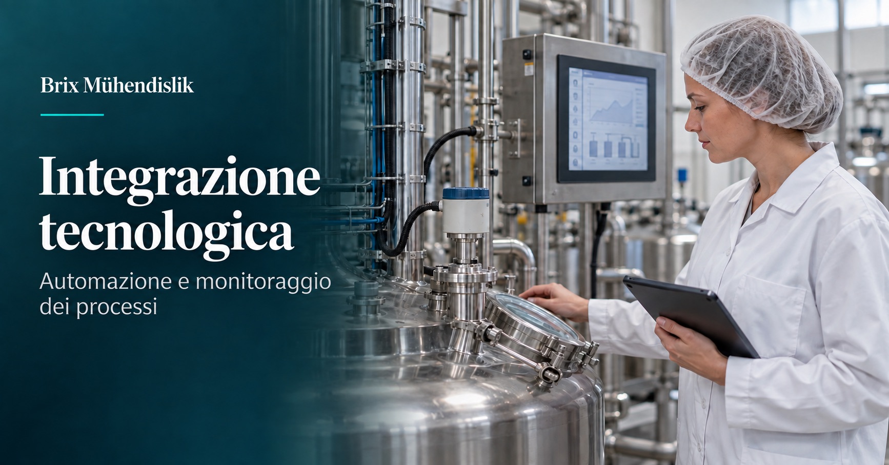 Ingegnera alimentare che monitora un sensore di processo e un pannello di controllo; immagine illustrativa generata con IA.