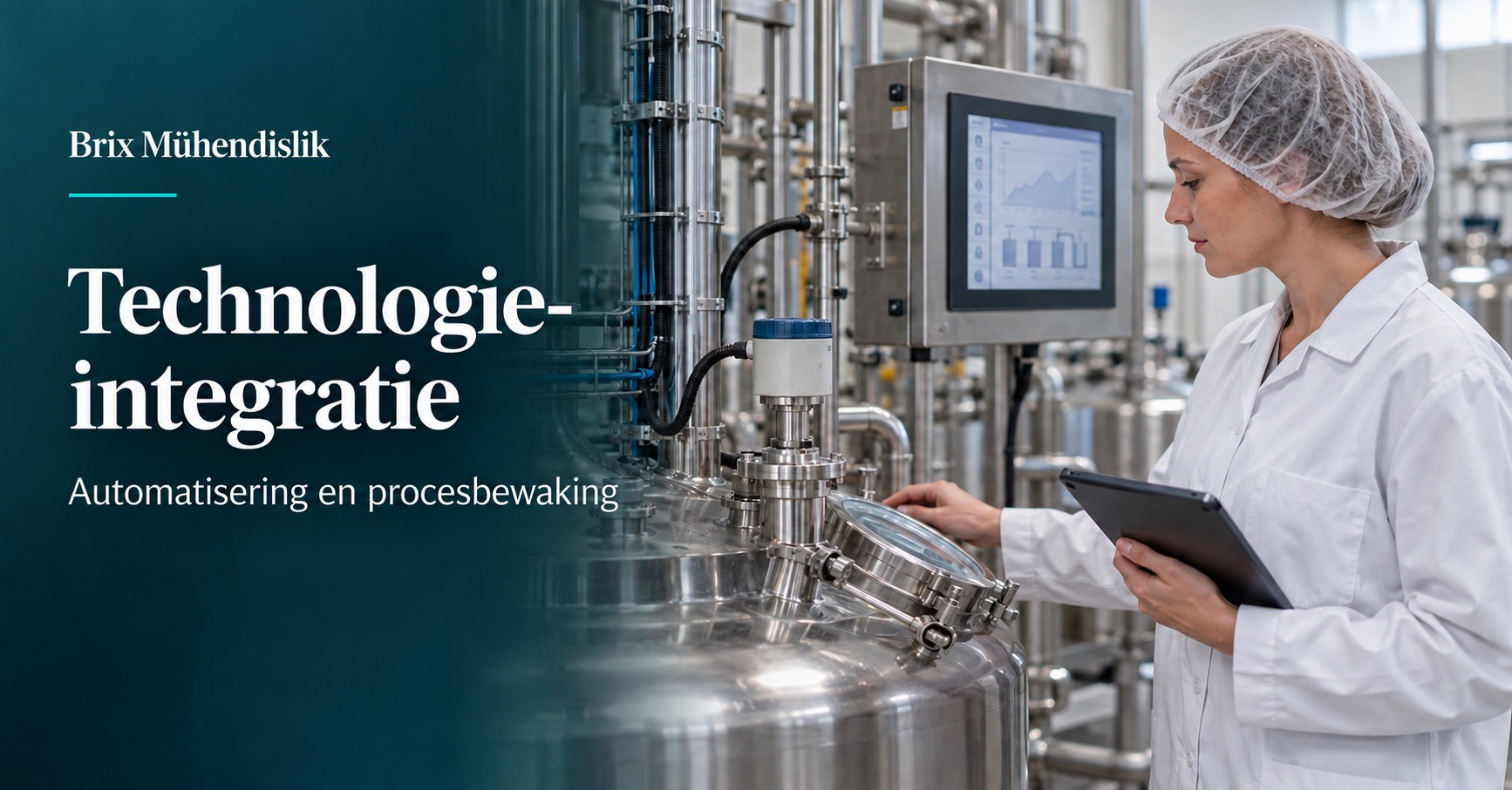Voedingsingenieur bewaakt een processensor en bedieningspaneel; representatief beeld gegenereerd met AI.