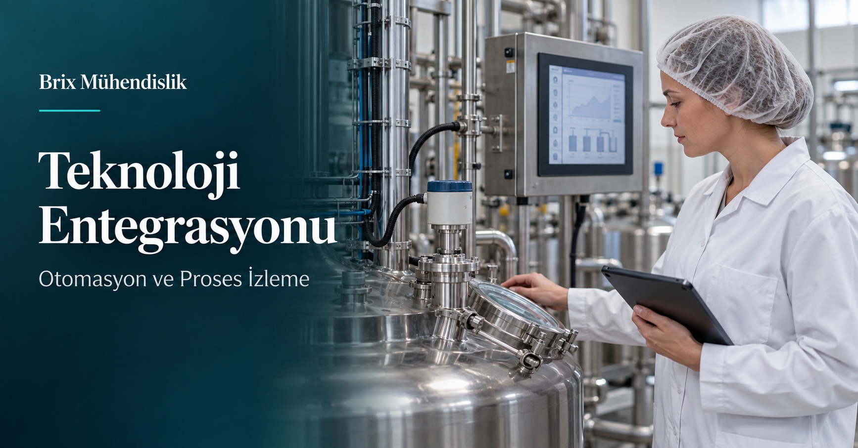 Proses sensörünü ve kontrol panelini izleyen gıda mühendisi; yapay zekâ ile üretilmiş temsili görsel.